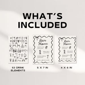 May include: Black and white printable bar menu templates with a wavy border. The menu includes the text "Bar Menu" and lists drinks like Amaretto Sour, Aperol Spritz, and Espresso Martini. The templates are available in two sizes: 5 x 7 inches and 4 x 6 inches. The image also includes 53 drink elements.