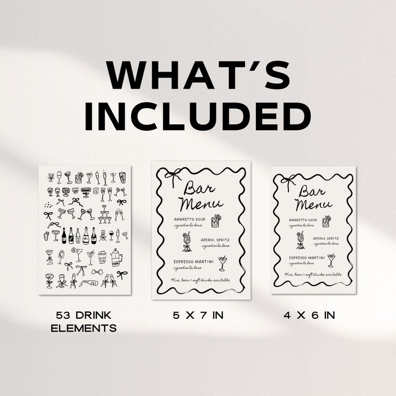 May include: Black and white printable bar menu templates with a wavy border. The menu includes the text "Bar Menu" and lists drinks like Amaretto Sour, Aperol Spritz, and Espresso Martini. The templates are available in two sizes: 5 x 7 inches and 4 x 6 inches. The image also includes 53 drink elements.