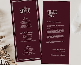 Burgundy Old Money Style Wedding Menu, Elegant Reception Dinner Card, Classic Formal Table Stationery, Editable Canva Template