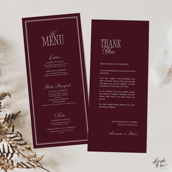 Burgundy Old Money Style Wedding Menu, Elegant Reception Dinner Card, Classic Formal Table Stationery, Editable Canva Template