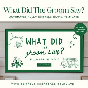 What Did The Groom Say Bachelorette Trivia Game, Bach Drinking Game Hens Party, Camp Themed Bachelorette, Guess Who Said It Game Canva DIY