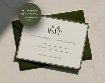 Wedding RSVP Card Template Olive Green, 4 Layouts + Monogram Back, Old Money Aesthetic Canva Design