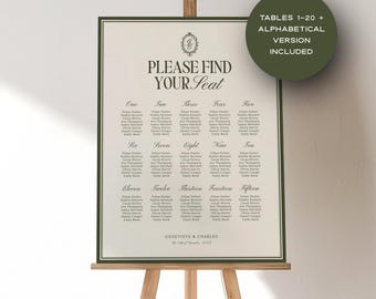 Olive Green Wedding Seating Chart Template, Elegant Canva Sign (Digital Download)