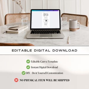 May include: A laptop displays a digital wedding invitation template with the text "Help Us Capture the Love." The image also includes a mug, a notebook, and a pen on a marble table. The words "Editable Digital Download" are at the bottom.