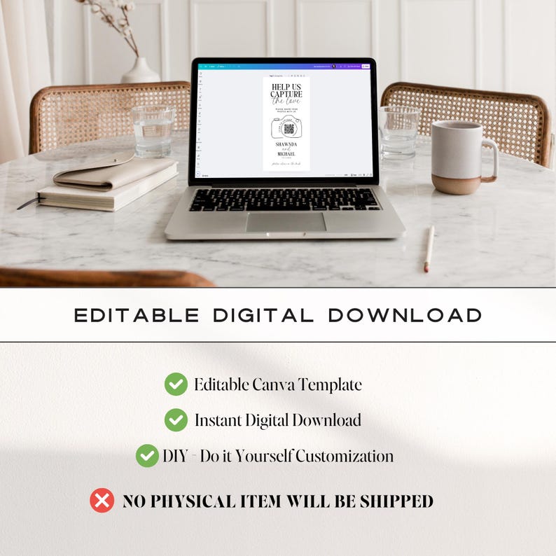 May include: A laptop displays a digital wedding invitation template with the text "Help Us Capture the Love." The image also includes a mug, a notebook, and a pen on a marble table. The words "Editable Digital Download" are at the bottom.