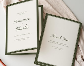 Olive Green Old Money Wedding Program Template, Elegant Canva Printable, Classic Estate Order of Events, Wedding Timeline Booklet