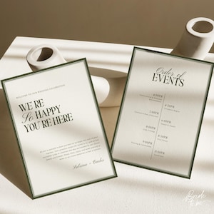 May include: Two wedding signs with dark green borders. One sign reads "We're so happy you're here" and the other lists the order of events. The signs are on a white surface.