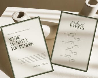 Olive Green Wedding Welcome Card & Order of Events Timeline, Old Money Aesthetic Ceremony Card Set,Editable Canva Template