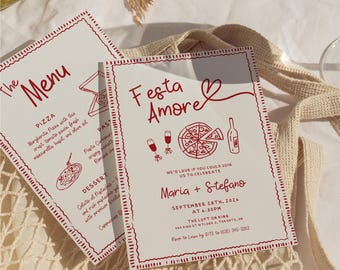 May include: Two white invitation cards with red text and illustrations. One card says "The Menu" and lists pizza and pasta options. The other card says "Festa Amore" and includes event details.