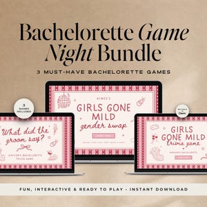 Peut inclure: Un ensemble numérique de jeux de soirée Bachelorette avec trois jeux : "What did the groom say ?", "Girls Gone Mild gender swap" et "Girls Gone Mild trivia game". Les jeux sont affichés sur trois ordinateurs portables avec des motifs roses et blancs. Le texte indique "Fun, Interactive & Ready to Play - Instant Download."