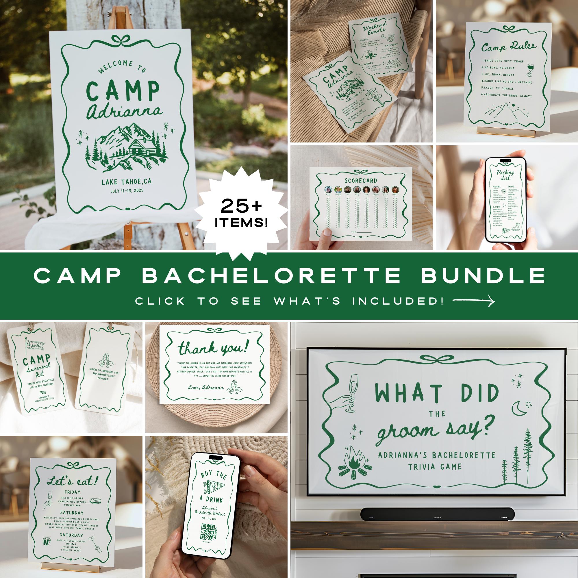 Camp Bachelorette Canva Template Bundle, Editable Printable Glamping Party, Camp Bach Girls Trip, Camping Outdoor Weekend Rustic Decor DIY