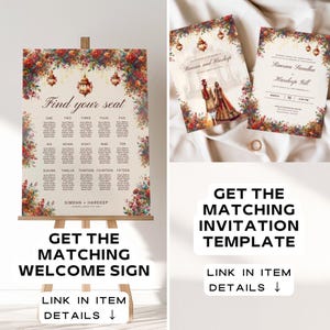 May include: A wedding seating chart and invitation suite with floral and lantern designs. The seating chart, displayed on an easel, features guest names. The invitation shows a couple in traditional attire. The suite includes the text "Find your seat" and "Simran + Hardeep".