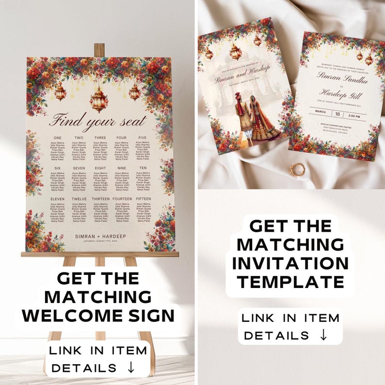 May include: A wedding seating chart and invitation suite with floral and lantern designs. The seating chart, displayed on an easel, features guest names. The invitation shows a couple in traditional attire. The suite includes the text "Find your seat" and "Simran + Hardeep".