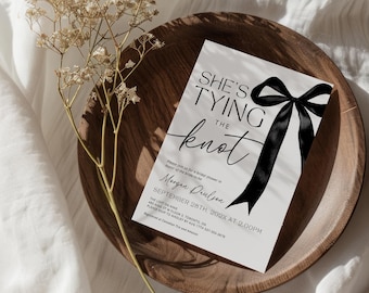She's Tying the Knot Bridal Shower Invitation, Editable Simple Bridal Shower Invitation, Black Bow Coquette Wedding Shower Invite Canva DIY
