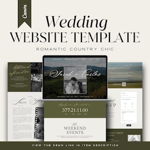 May include: A wedding website template with a romantic country chic design. The design includes a laptop displaying a wedding website with the names "Sarah & Carlos". Additional pages include information, love story, weekend events, and RSVP. The Canva logo is in the upper left.