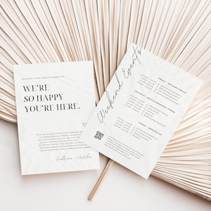 Carta de bienvenida para una boda sencilla, itinerario de evento minimalista moderno, evento de boda sencillo y elegante, programa de fin de semana para el día de la boda, código QR para el día de la boda