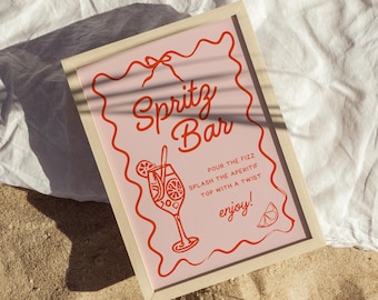 Spritz Bar Sign Template, Wavy Cocktail Sign, Editable Wedding Bar Menu, Bridal Shower Canva Template