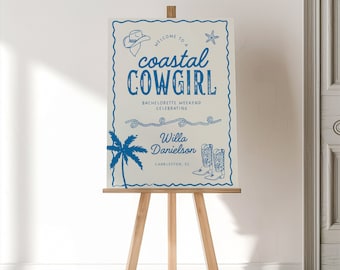 Editable Coastal Cowgirl Bachelorette Sign, Last Toast on the Coast Canva Template
