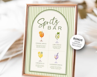 Olive Green Spritz Bar Menu Template, Editable Canva Wedding Cocktail Menu, European Summer Decor