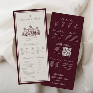 Old Money Inspired Burgundy Infographic Wedding Program Template, Editable Canva Timeline, 4x9 Printable Ceremony Program
