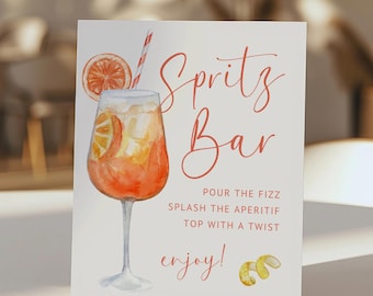Spritz Bar Sign Template, Watercolor Cocktail Sign, Wedding Drink Menu, Bridal Shower Canva DIY
