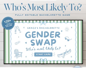 Love on the Lake Bachelorette Most Likely To Gender Swap Game, Animated Editable Canva Party Game, Lake House Girls Weekend