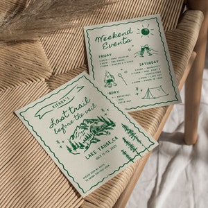 Camp Bachelorette Party Invitation and Itinerary Template, Mountain Bachelorette Girls Trip Glamping, Last Trail Before The Veil, Camp Bach