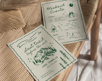 Camp Bachelorette Party Invitation and Itinerary Template, Mountain Bachelorette Girls Trip Glamping, Last Trail Before The Veil, Camp Bach