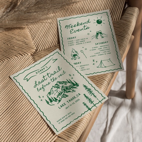 Camp Bachelorette Party Invitation and Itinerary Template, Mountain Bachelorette Girls Trip Glamping, Last Trail Before The Veil, Camp Bach