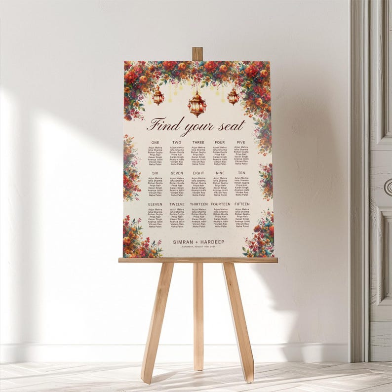 May include: A wedding seating chart on a wooden easel. The sign features floral arrangements and hanging lanterns. Text reads "Find your seat" and lists guest names under numbers one through fifteen. The names Simran and Hardeep are also listed.