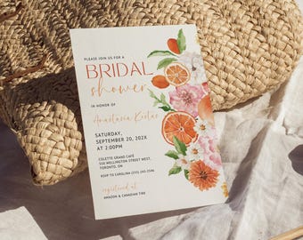 Citrus Bridal Shower Invitation, Editable Main Squeeze Bridal Shower Invite, Bridal Brunch Invitation Summer Floral Oranges Canva Template