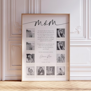May include: A framed print with the word "mom" in cursive script at the top. The print includes a poem and several black and white photos. The frame is a light brown color.