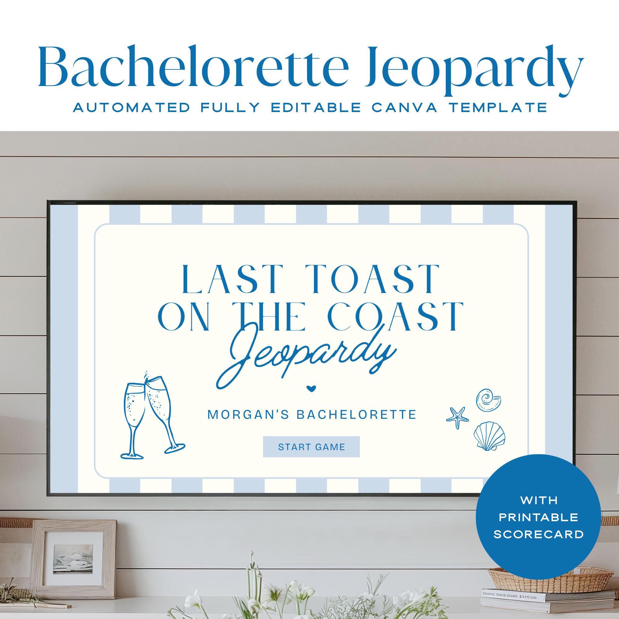 Last Toast On The Coast Bachelorette Jeopardy Game Template, Bach Drinking Game Hens Party, Beach Coastal Bachelorette Trivia Game Canva