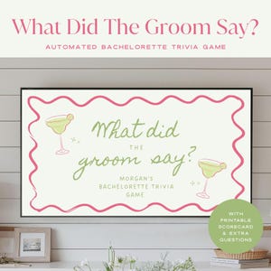 What Did The Groom Say Bachelorette Trivia Game, Bach Drinking Game, Margs and Matrimony, Bachelorette Guess Who Said It Game Canva Template