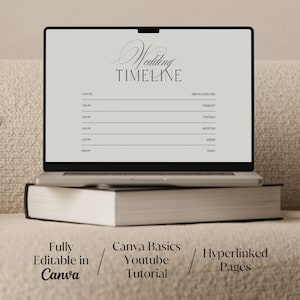 May include: A laptop displaying a wedding timeline template, with times and event details. The laptop rests on a thick book. Text on the screen reads "Wedding Timeline." Additional text includes "Fully Editable in Canva," "Canva Basics Youtube Tutorial," and "Hyperlinked Pages."
