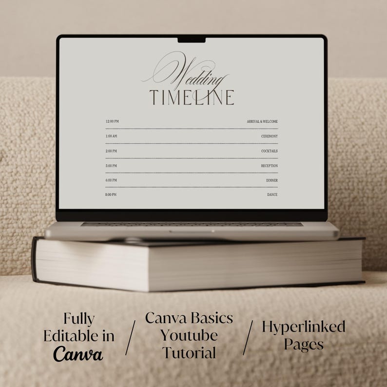 May include: A laptop displaying a wedding timeline template, with times and event details. The laptop rests on a thick book. Text on the screen reads "Wedding Timeline." Additional text includes "Fully Editable in Canva," "Canva Basics Youtube Tutorial," and "Hyperlinked Pages."
