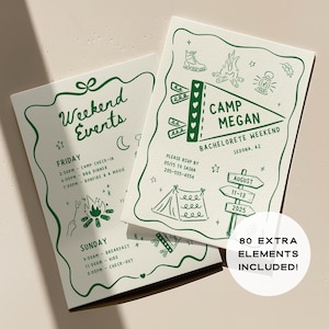 May include: Two white invitation cards with green text and illustrations. One card says "Weekend Events" and lists Friday and Sunday activities. The other card says "Camp Megan Bachelorette Weekend" with event details, including the date, location, and RSVP information.