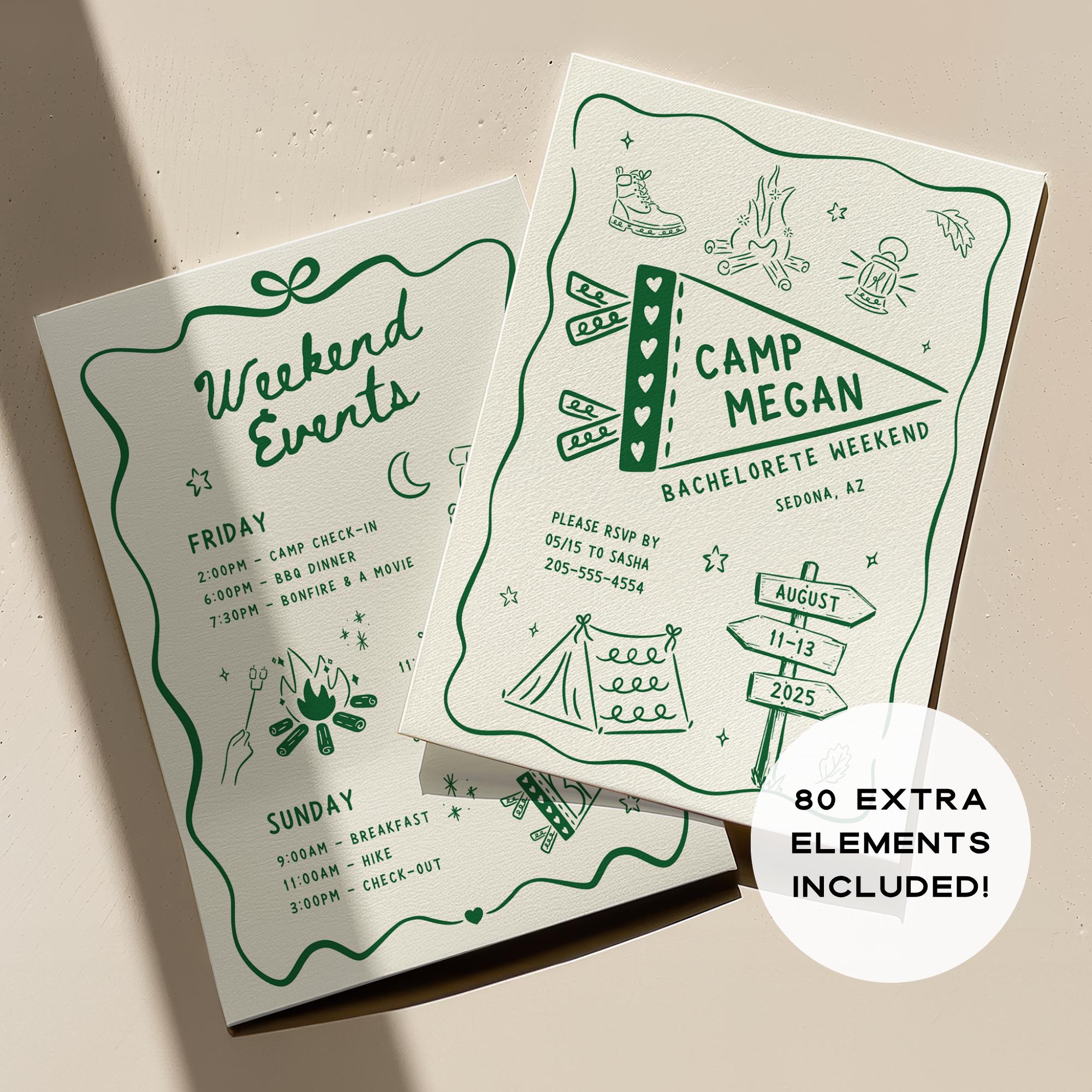 Camp Bachelorette Itinerary and Invite Set, Editable Canva Template with Packing List, Camp Rules, Girls Weekend Invitation Camp Themed Bach