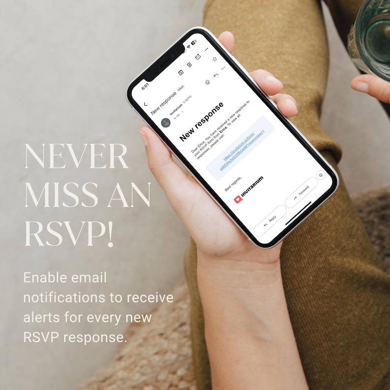 May include: A smartphone displaying an email notification with the text "New response" and the Invitarum logo. The image includes the text "NEVER MISS AN RSVP!" and "Enable email notifications to receive alerts for every new RSVP response."
