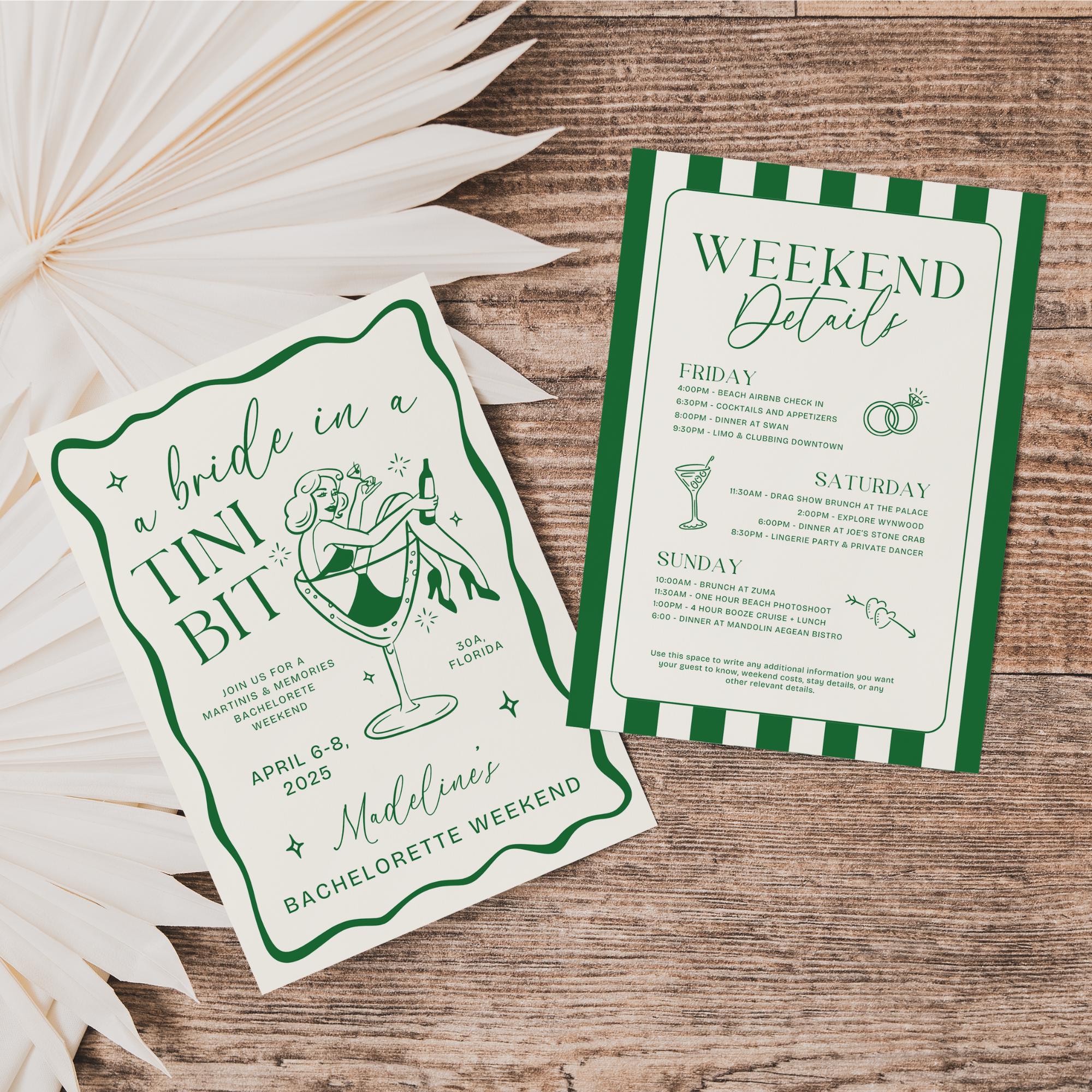 Bride In A Tini Bit Bachelorette Itinerary Template, Editable Dirty Martini Bachelorette, Bikinis and Martinis  Bachelorette Party Canva DIY