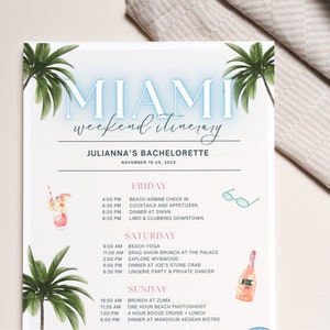 Peut inclure: Un itin&eacute;raire imprimable pour un week-end d'enterrement de vie de jeune fille &agrave; Miami, en Floride. L'itin&eacute;raire comprend des activit&eacute;s pour le vendredi, le samedi et le dimanche. Le texte comprend les dates du 18 au 20 novembre 202X et le nom "Julianna's Bachelorette".