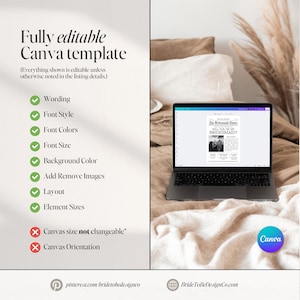 May include: A laptop displays a Canva template with the text "Fully editable Canva template." The screen shows a newspaper-style invitation that reads "Will You Be My Bridesmaid?" The template features editable elements like wording, font style, and colors. A Canva logo is visible.