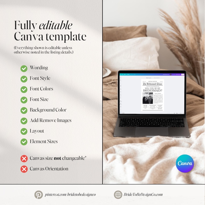 May include: A laptop displays a Canva template with the text "Fully editable Canva template." The screen shows a newspaper-style invitation that reads "Will You Be My Bridesmaid?" The template features editable elements like wording, font style, and colors. A Canva logo is visible.