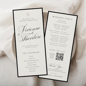 Puede incluir: Dos tarjetas verticales de programa de boda con texto negro sobre fondo crema. La tarjeta izquierda muestra los nombres Vivienne & Theodore, la fecha 20 de septiembre de 2026 y el orden de la ceremonia. La derecha enumera el cortejo y un código QR.