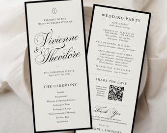 Black and White Wedding Program Template, Editable Canva Ceremony Program, Old Money Wedding, Elegant 4x9 Printable Order of Service Card