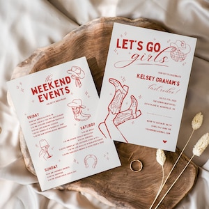 Lets Go Girls Bachelorette Party Itinerary Template, Nashville Bachelorette Invitation, Disco Cowgirl, Last Rodeo Bachelorette, Nash Bash