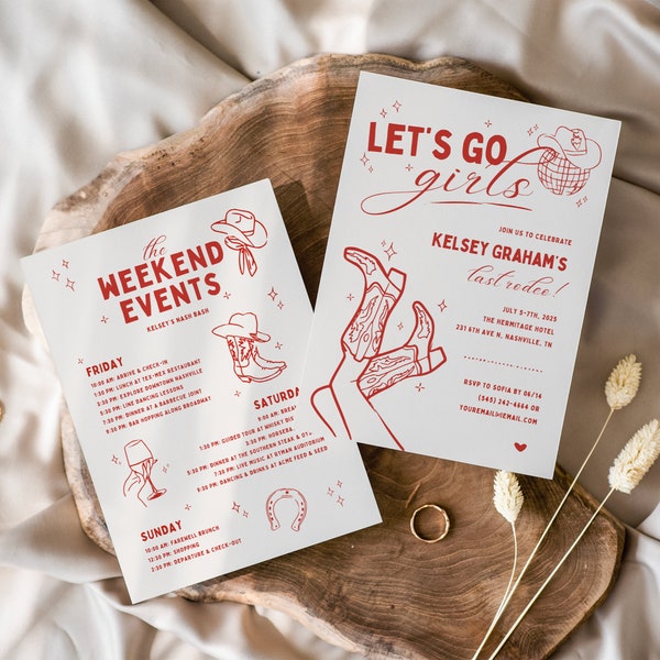 Let's Go Girls Bachelorette Party Itinerary Template, Nashville Bachelorette Invitation, Disco Cowgirl, Last Rodeo Bachelorette, Nash Bash