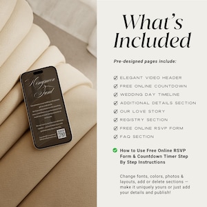 May include: A smartphone displays text about a honeymoon fund, resting on a beige surface. The image includes a list of pre-designed wedding website features, such as a video header, countdown, timeline, and RSVP form. The text also includes instructions.
