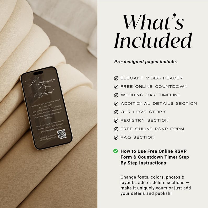 May include: A smartphone displays text about a honeymoon fund, resting on a beige surface. The image includes a list of pre-designed wedding website features, such as a video header, countdown, timeline, and RSVP form. The text also includes instructions.