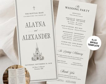 Catholic Wedding Program Template, Nuptial Mass Booklet, 4x9 Bifold Ceremony Program, Editable Canva Wedding Mass Program